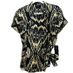 Jones New York Collection Black and Cream Abstract silk wrap  Blouse size 14 nwt